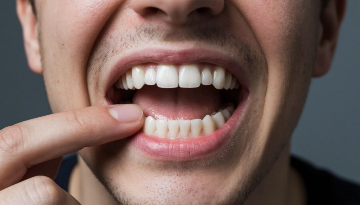 Язык, ощупывающий дырку вырванного зуба